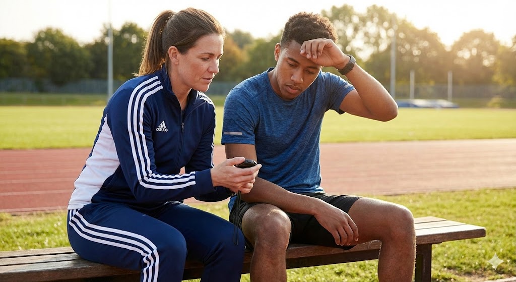 A woman sitting with a teenager on a running track bench, discussing stretching before exercise.