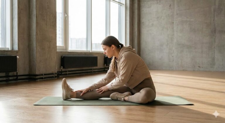 A woman in activewear stretching her hamstrings while seated on a yoga mat at home.
