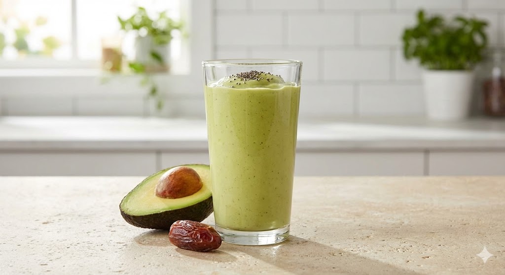 A light Moroccan avocado smoothie served in a glass beside fresh avocado and a date.