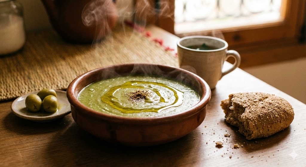 A warm bowl of bissara served with fresh bread and olives, placed on a rustic breakfast table.