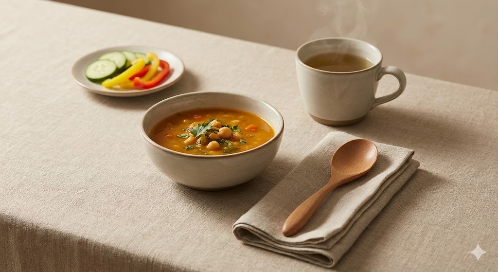 A bowl of warm vegetable soup served with bread slices and herbal tea on a wooden table.