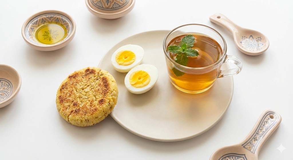 A healthy Moroccan breakfast plate with barley harcha, boiled eggs, and a cup of mint tea.