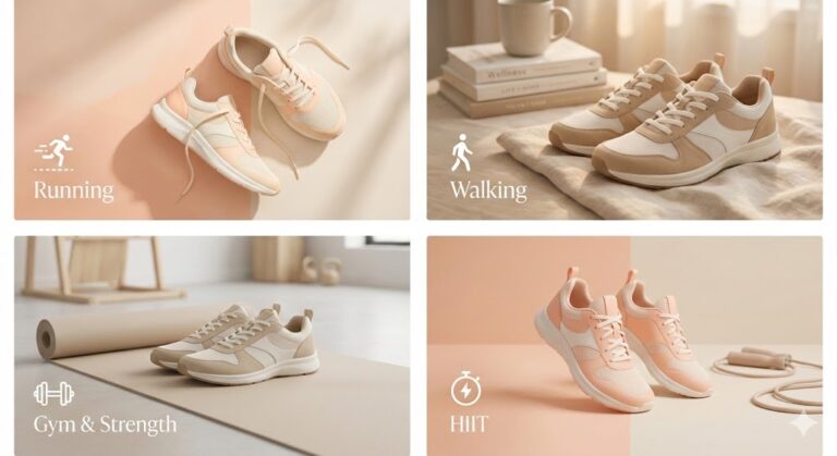 A pair of beige women’s running sneakers with cushioned soles for daily workouts.