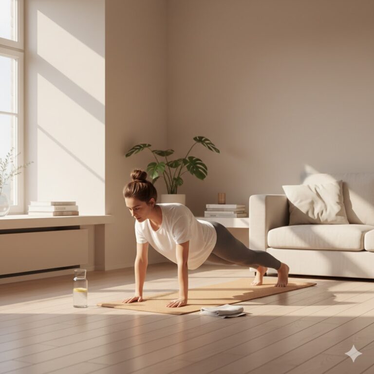 A woman doing a plank exercise at home on a yoga mat, practicing fitness in a bright living room.